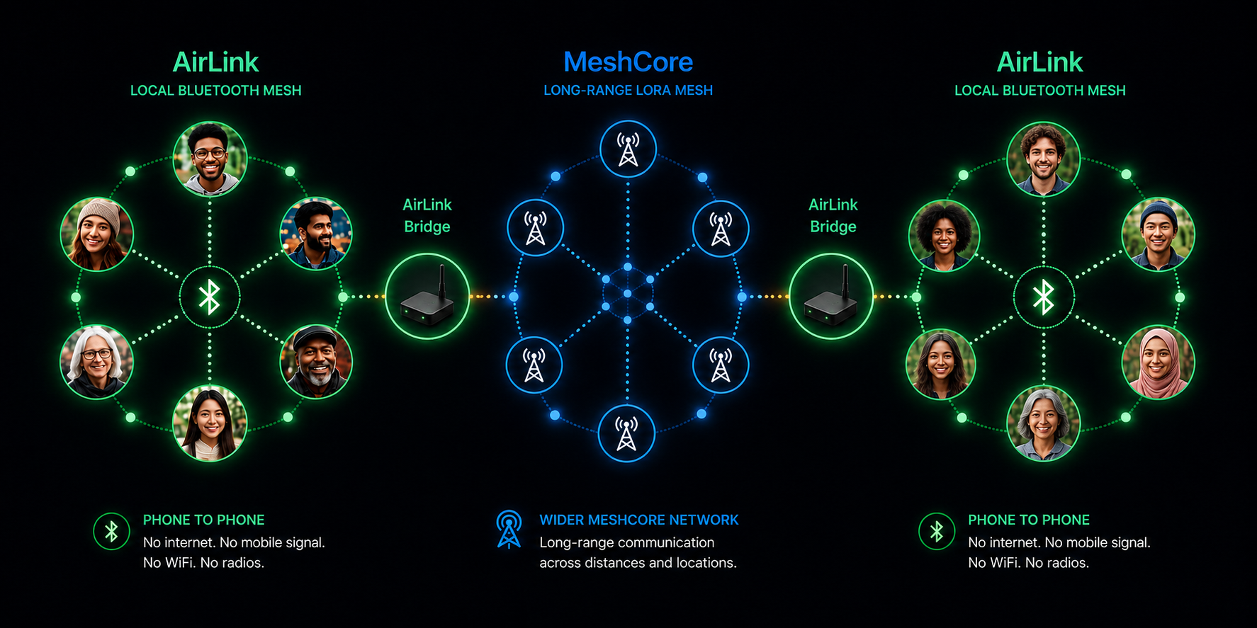 AirLink local Bluetooth mesh networks bridging through the MeshCore long-range LoRa mesh