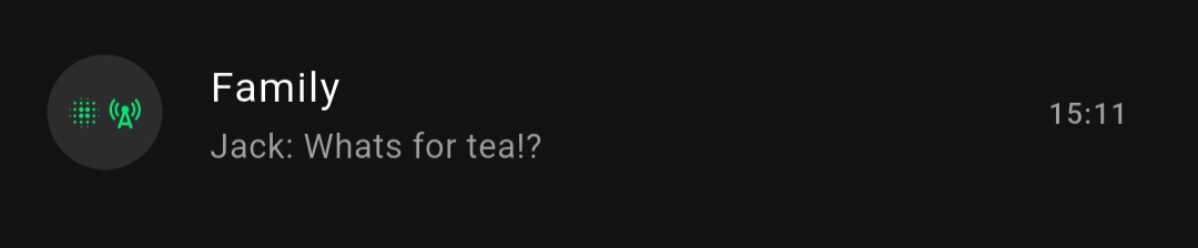 MeshOS chat list showing a Family channel message: Jack — Whats for tea!?