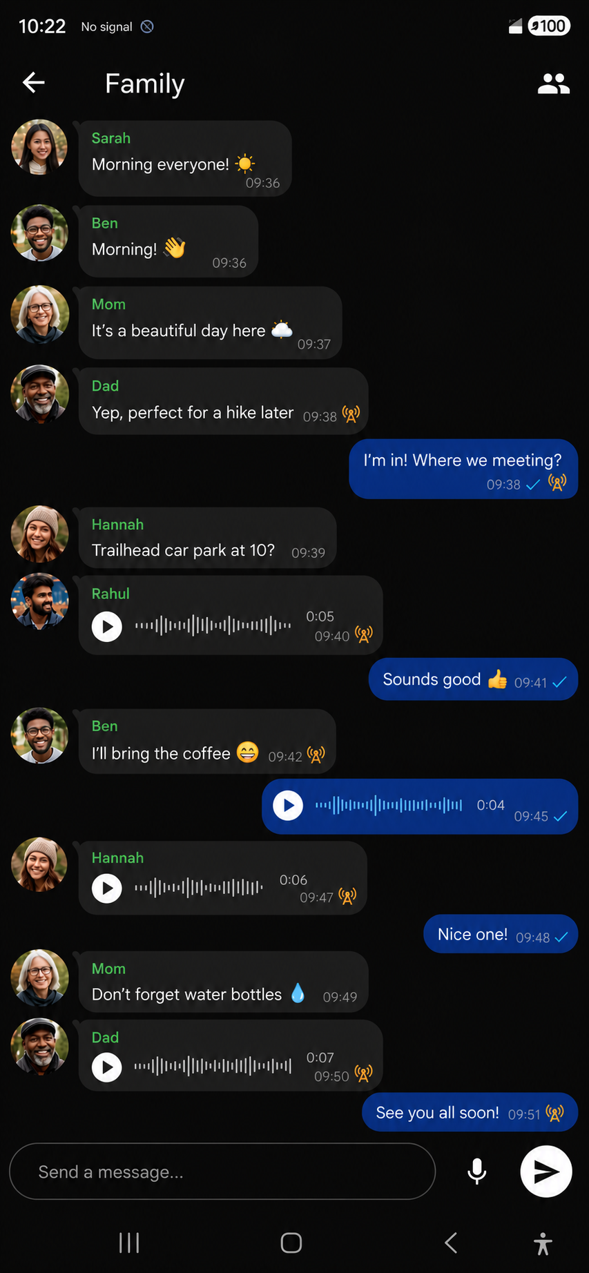MeshOS AirLink family group chat with messages, voice notes and reactions