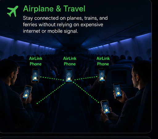 Passengers on an airplane chatting locally over AirLink without internet or mobile signal