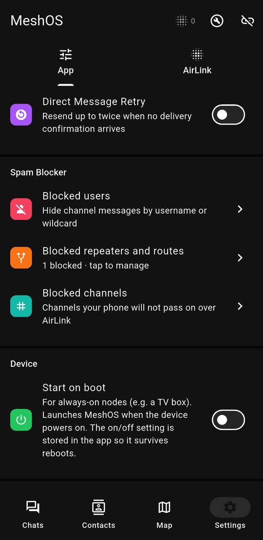 The Spam Blocker section in the app's Settings: Blocked users, Blocked repeaters and routes with 1 blocked, and Blocked channels