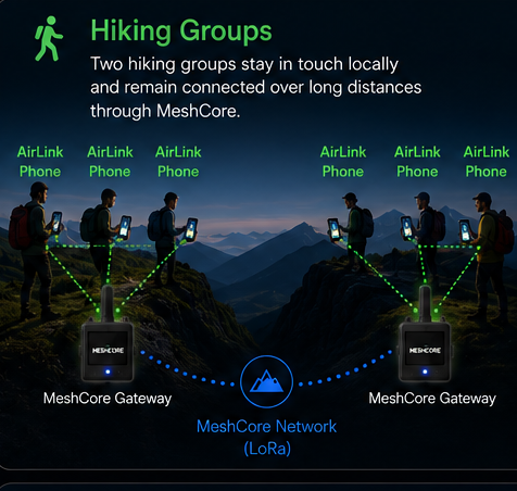 Two hiking groups in the mountains, each on a local AirLink network, connected over long distance through MeshCore LoRa gateways