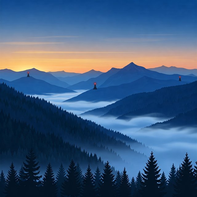 Mountains at sunset with little radio masts