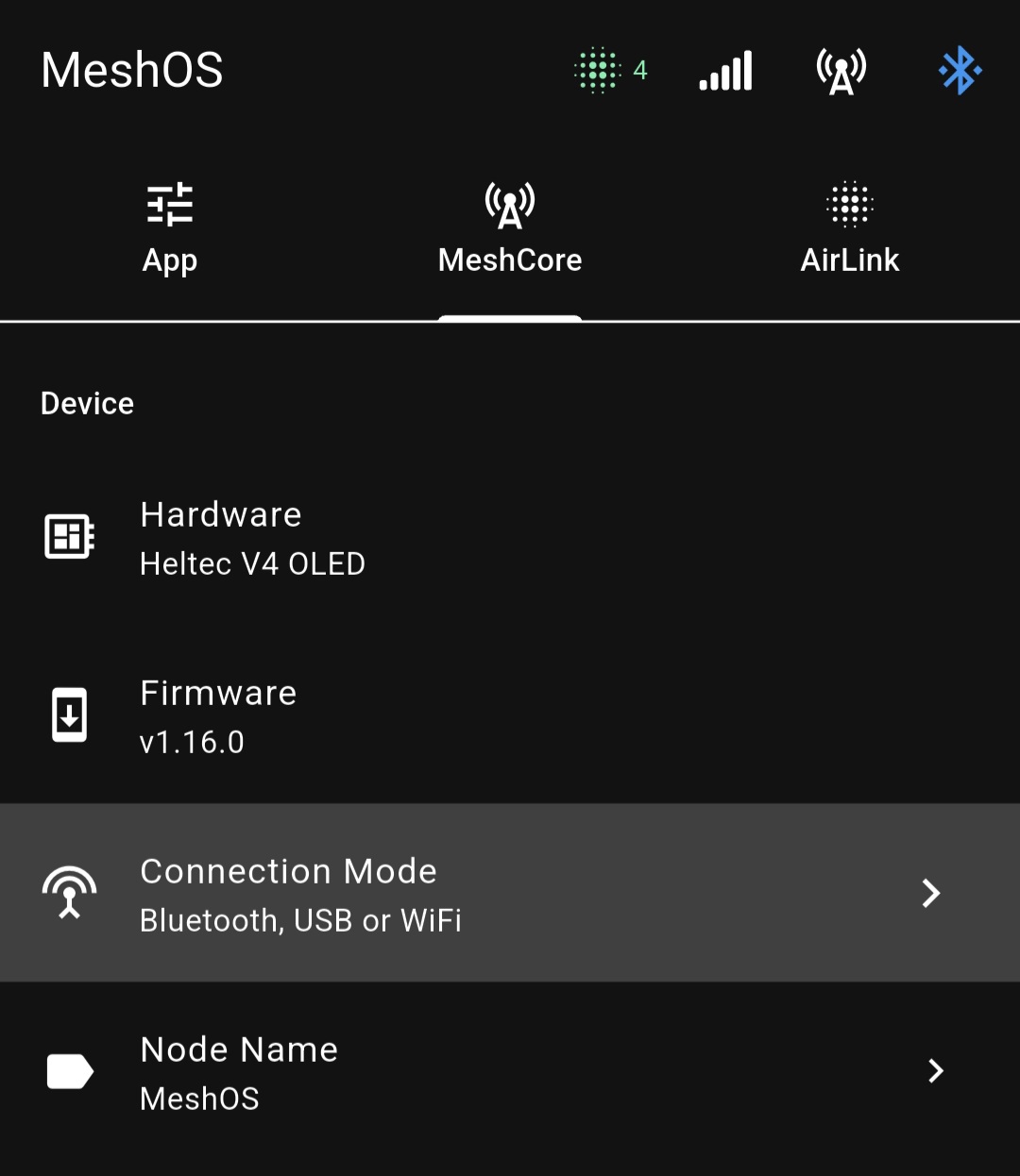 MeshOS app device page showing Heltec V4 OLED hardware, firmware v1.16.0, and the Connection Mode row highlighted