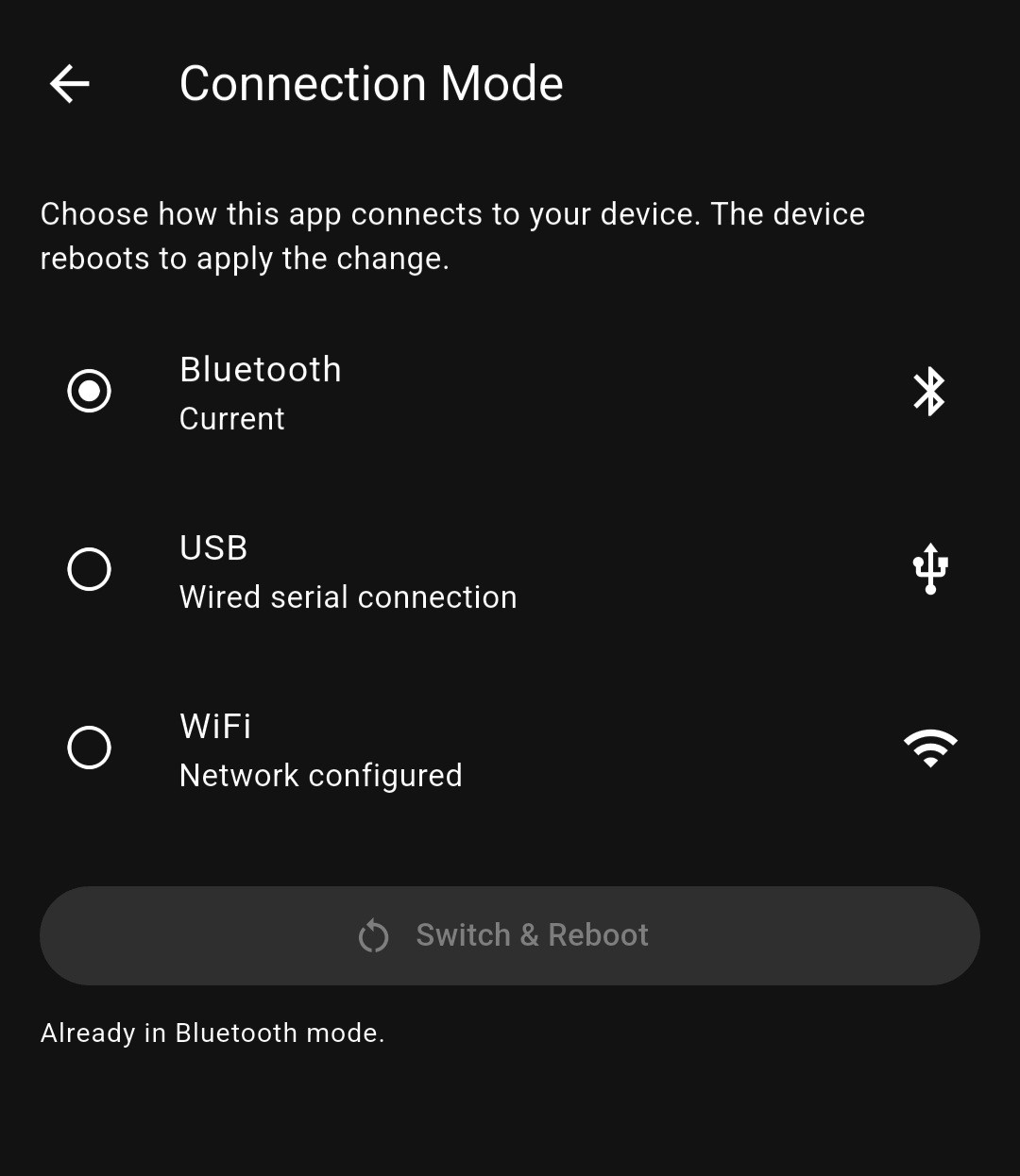 MeshOS Connection Mode screen with Bluetooth, USB and WiFi options
