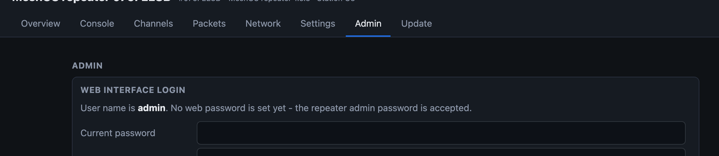 The Admin tab: web interface login with the admin user name and password change fields