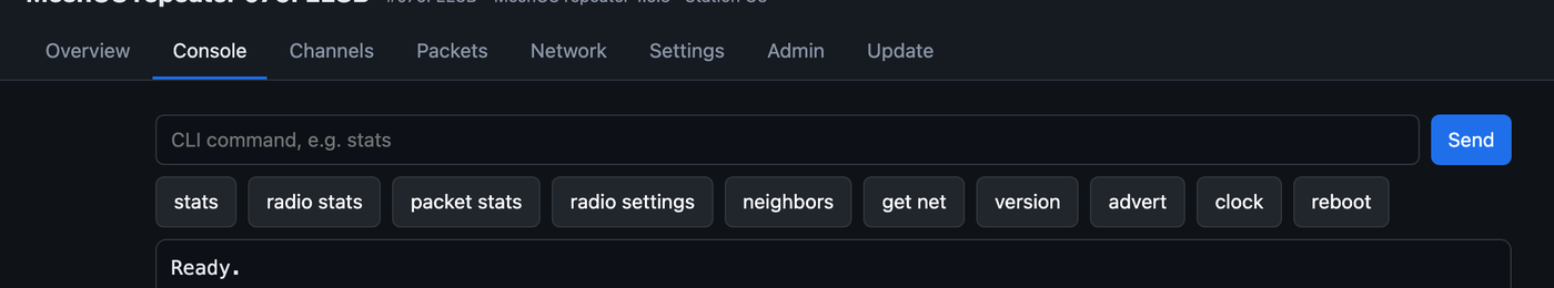 The Console tab: a command box with quick buttons for stats, radio stats, packet stats, neighbours, version, advert, clock and reboot