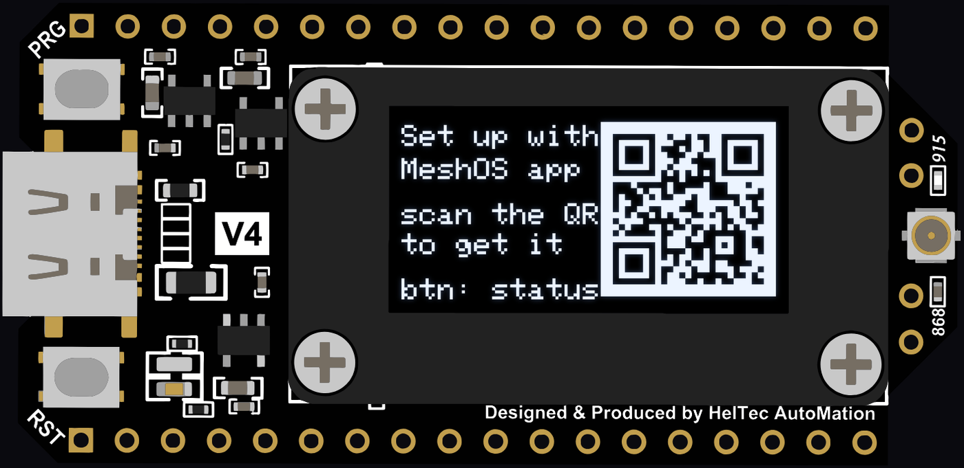 A Heltec V4 showing the first-boot page: Set up with MeshOS app, scan the QR to get it, beside a QR code