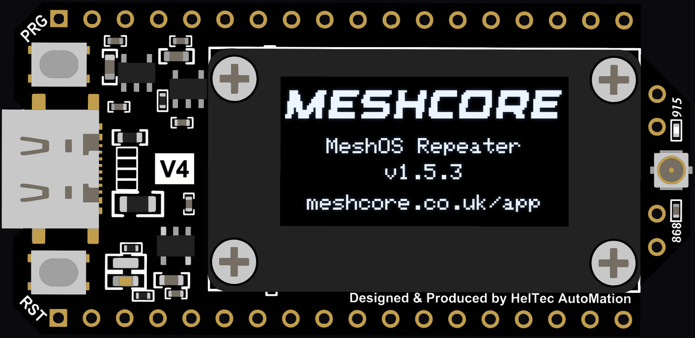 A Heltec V4 showing the MeshOS Repeater splash screen: the MeshCore logo, MeshOS Repeater, the version and meshcore.co.uk/app