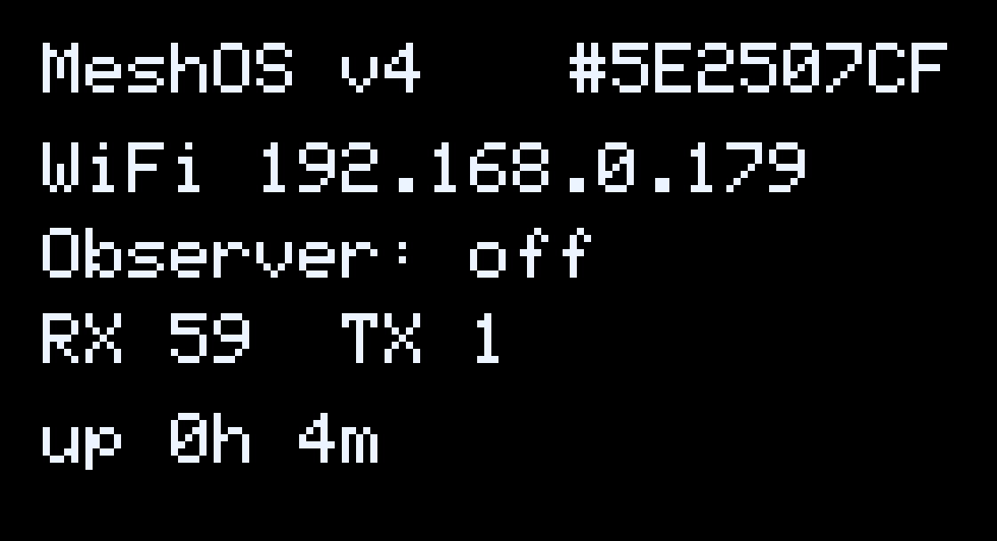 The status page: the repeater name and ID, WiFi and its IP address, the MeshOS observer state, packets received and sent, and uptime