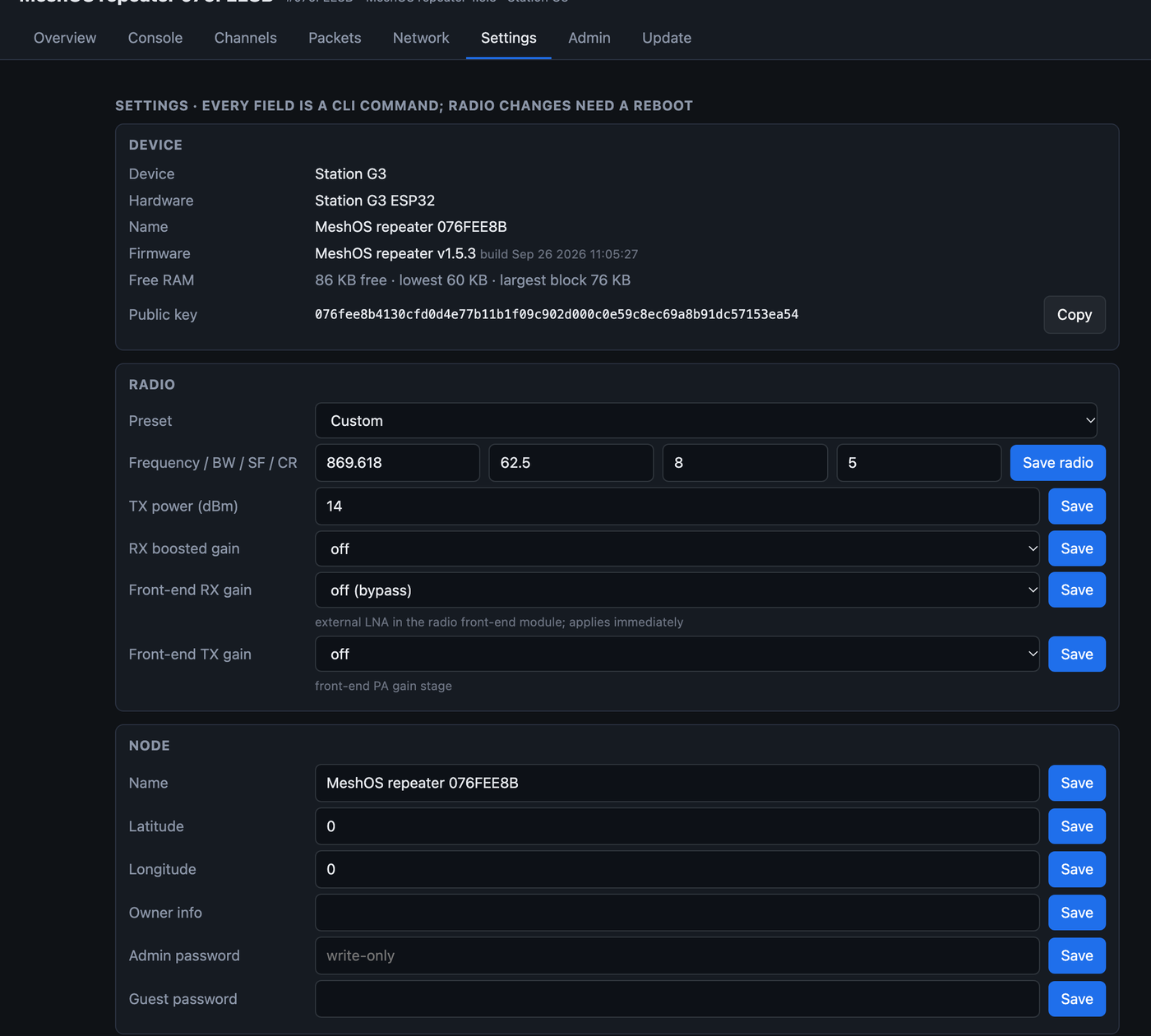 The Settings tab: device details, radio frequency, spreading factor, bandwidth, coding rate and power, plus the node name, location and passwords