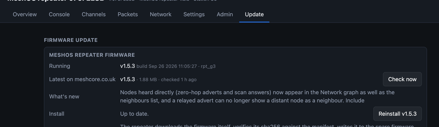 The Update tab: running version, latest version on meshcore.co.uk, what is new, and Check now and Install buttons