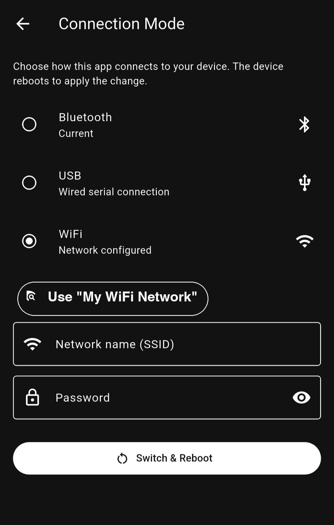 MeshOS Connection Mode set to WiFi with one-tap suggestion to use the phone's currently connected network, plus SSID and password fields