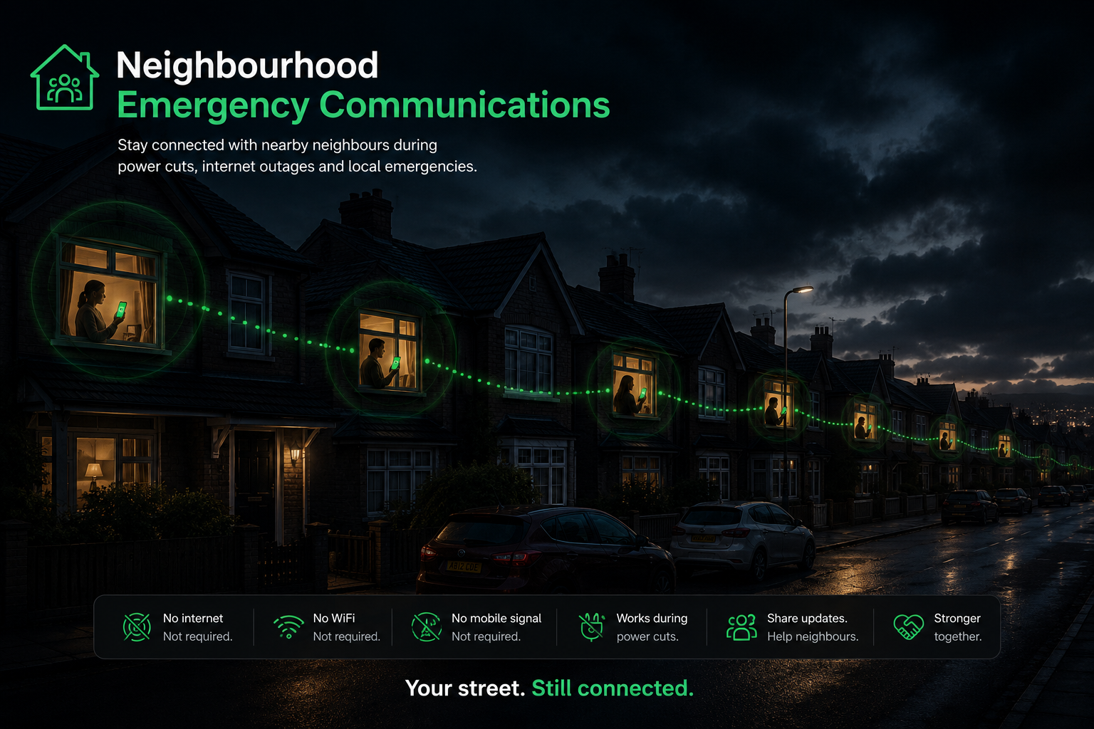 A residential street at night with houses connected via AirLink during a power cut or network outage