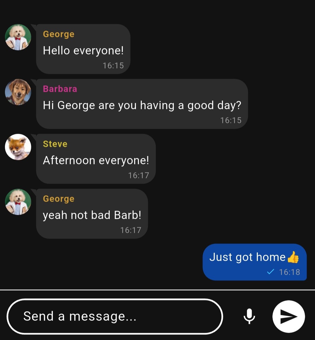 MeshOS locals channel chat showing George, Barbara and Steve with their profile picture avatars next to each message