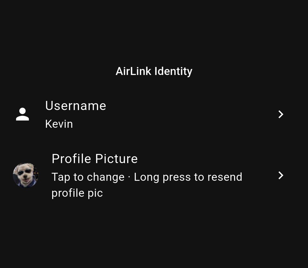 MeshOS AirLink Identity settings: username Kevin, Profile Picture row showing tap to change or long press to resend profile pic