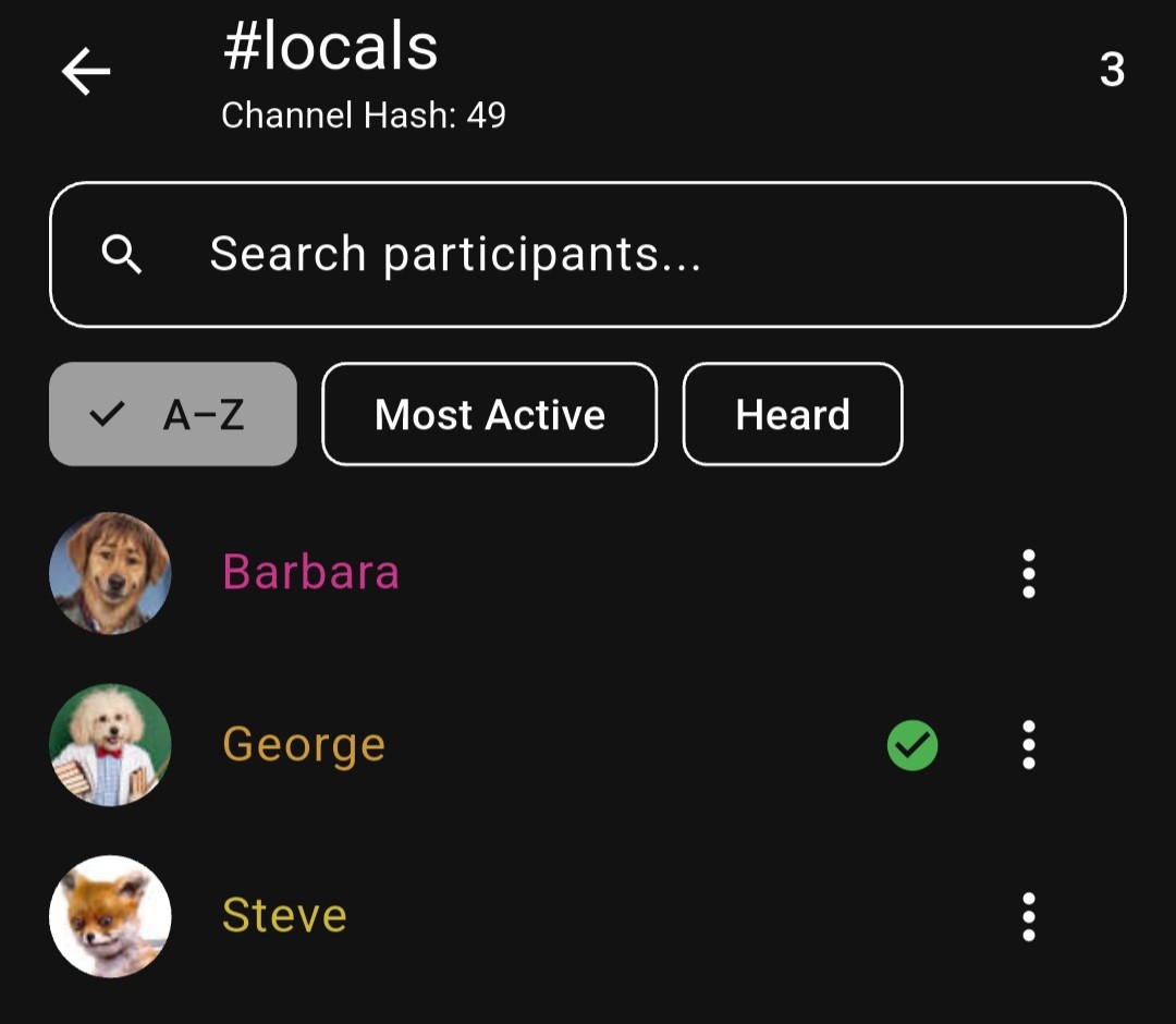 MeshOS #locals channel participants list showing Barbara, George and Steve with their profile pictures