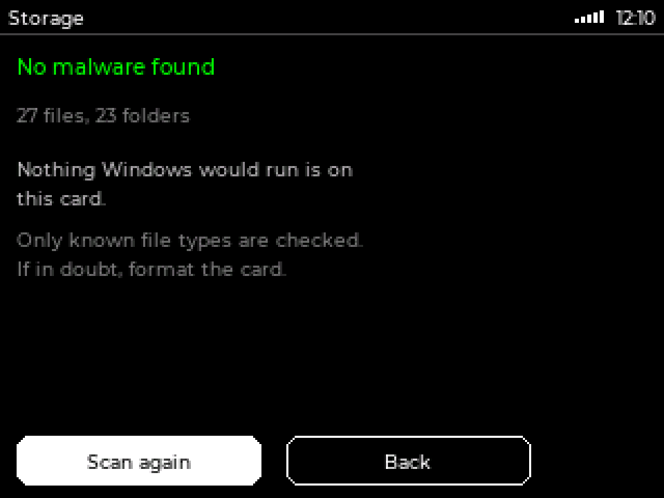The scan result screen reading No malware found, 27 files, 23 folders