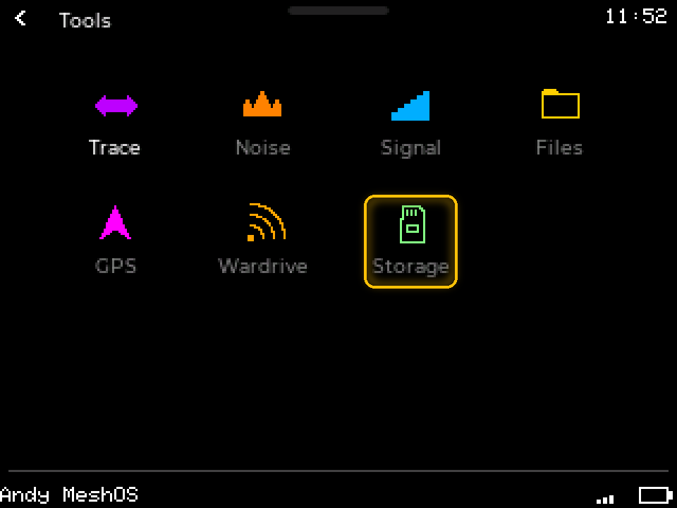 The Tools menu with the green Storage icon highlighted