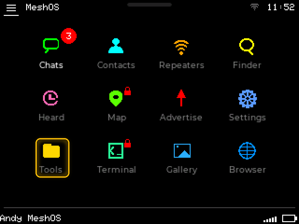 The MeshOS main menu with the Tools icon highlighted