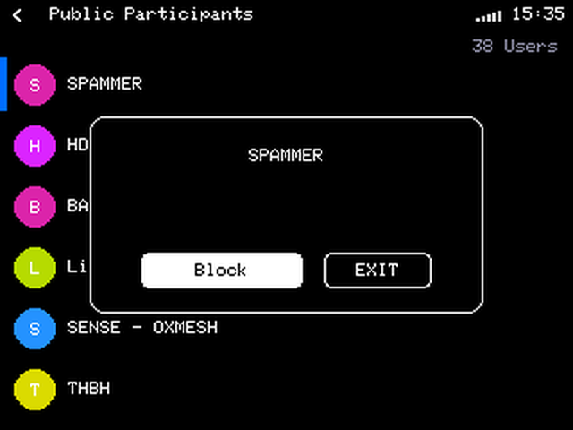 T-Deck Public Participants list with a Block / Exit dialog confirming a block action on a SPAMMER user