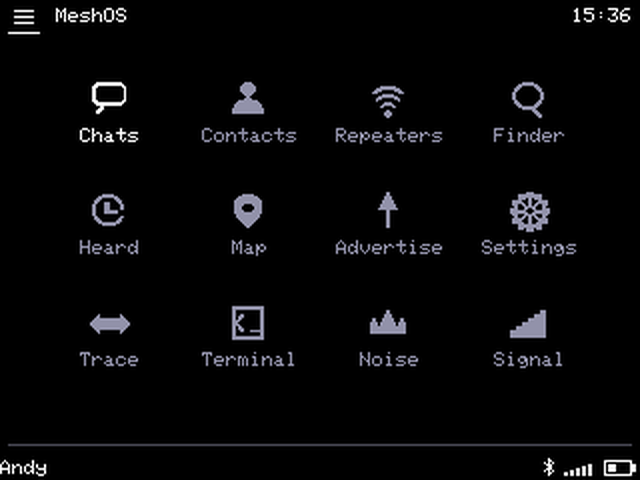 T-Deck MeshOS home screen with the new Bluetooth icon visible in the bottom status bar alongside signal and battery indicators