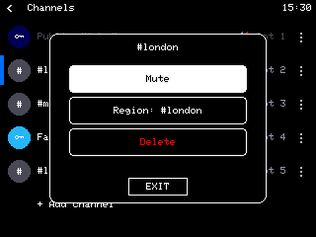 T-Deck Channels view with the #london channel options showing Mute, Region: #london, Delete and Exit buttons