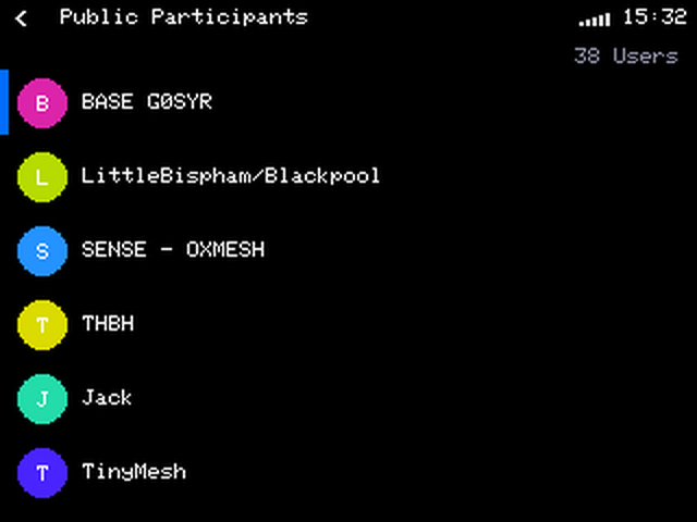 T-Deck Public Participants view listing channel members with colour-coded avatars and a participant count of 38 users