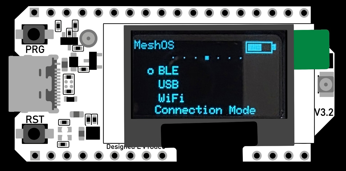 Heltec V3 companion radio with the MeshOS Connection Mode screen showing BLE, USB and WiFi options