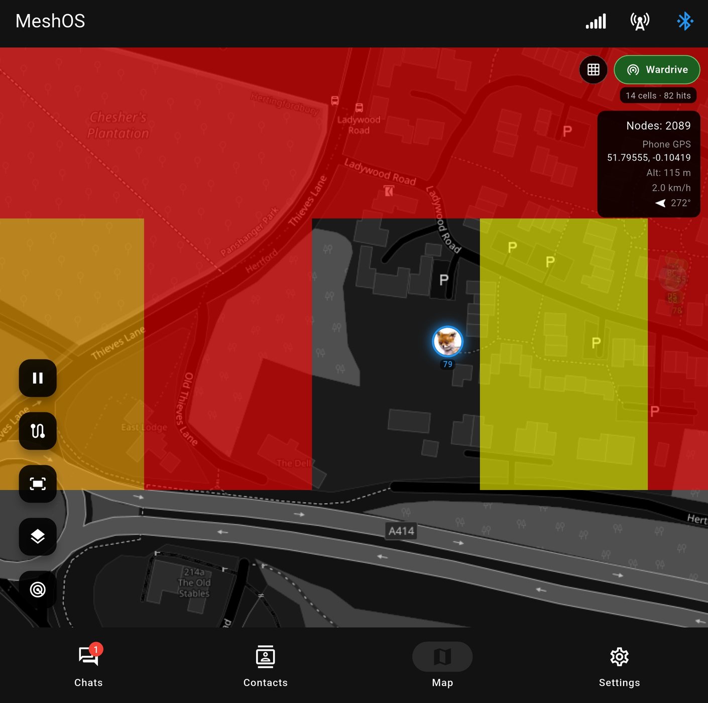 The MeshOS app zoomed right in, dots view, showing individual coverage cells and the Wardrive pill