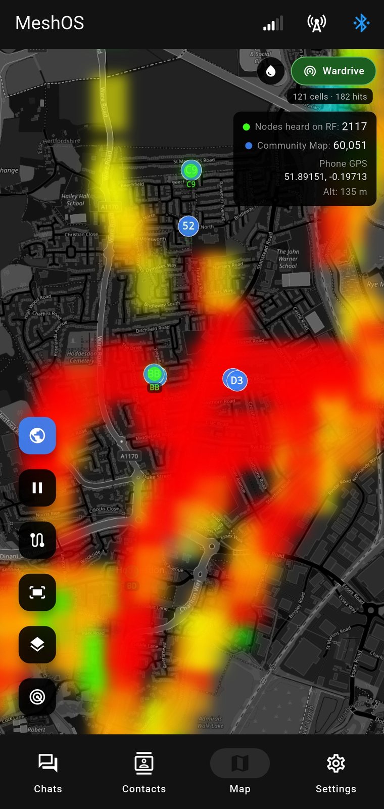 The MeshOS app smooth heatmap with green RF nodes and blue community nodes