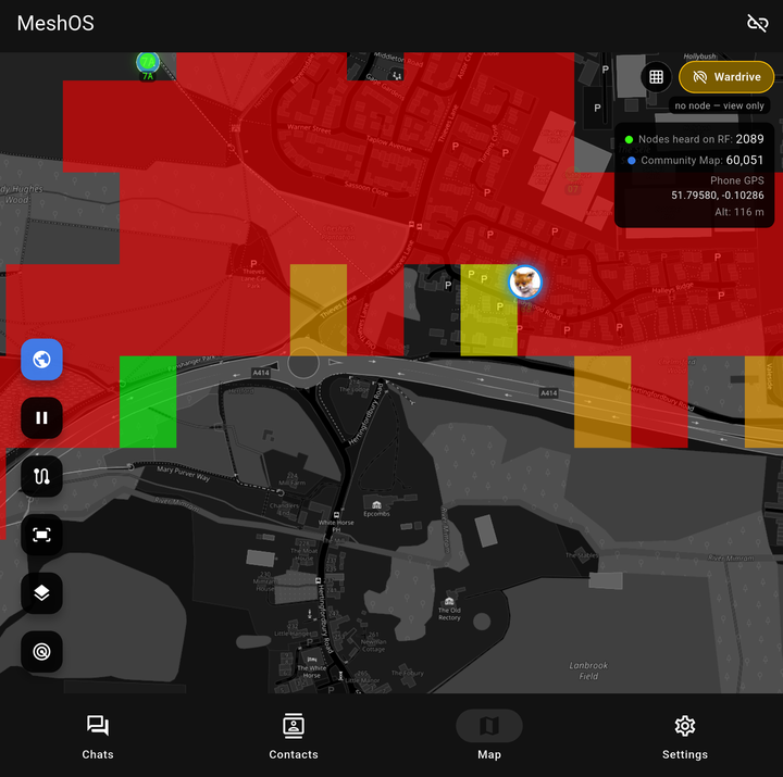 The MeshOS app in view only mode with no radio connected