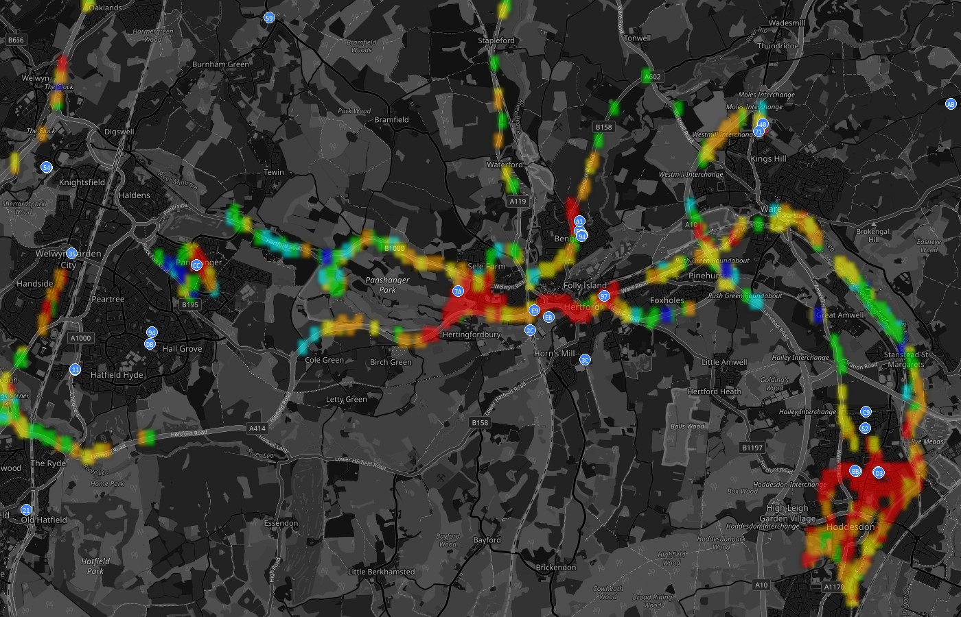 The community coverage map around Hertford, with repeater nodes as blue discs