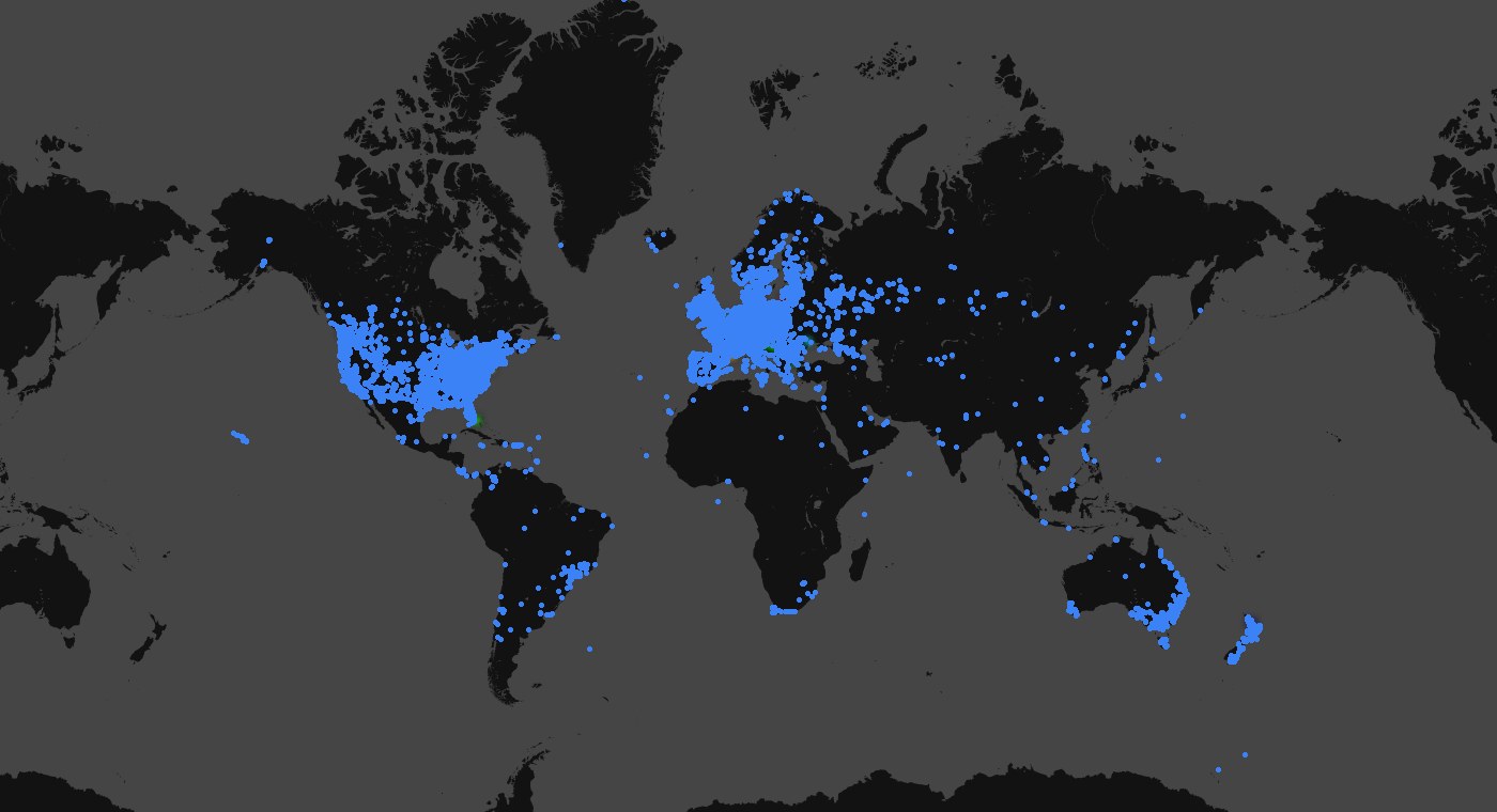The world view of the coverage map with community nodes as blue discs