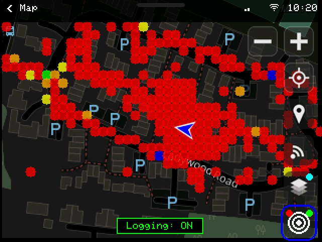 Zoomed in on the M9 map: red cells along every street near a repeater