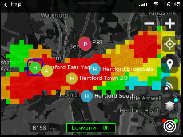 Logged coverage cells around Hertford on the M9 map, with repeaters marked