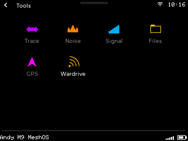 The Tools menu on the ThinkNode M9 with the new Wardrive entry