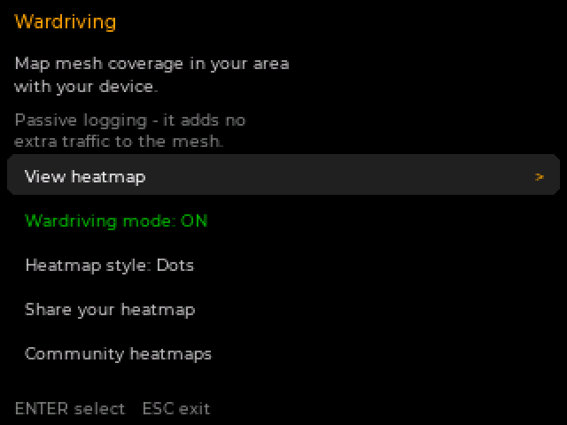 The Wardriving menu: View heatmap, Wardriving mode, Heatmap style, Share your heatmap, Community heatmaps