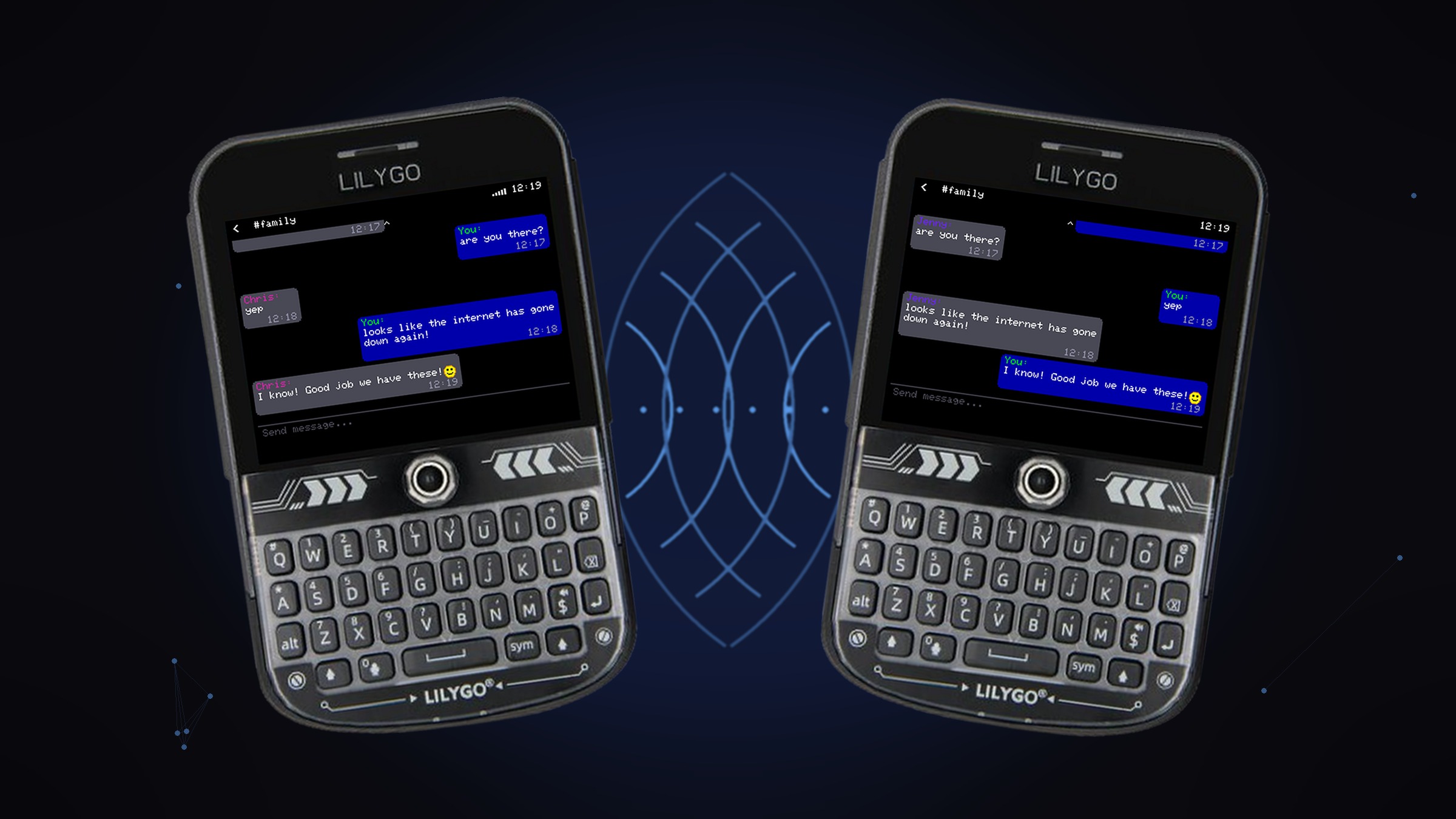 Two LilyGo T-Decks communicating over the MeshCore mesh, off-grid