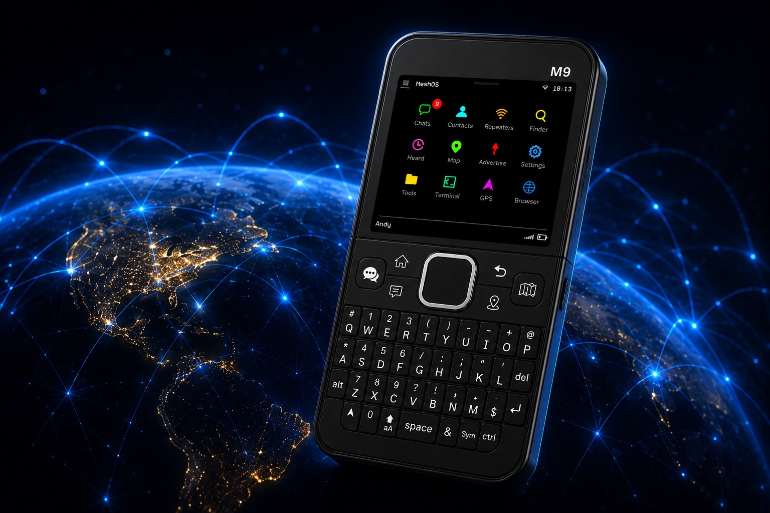 MeshCore M9 handset running MeshOS, over a global LoRa mesh network