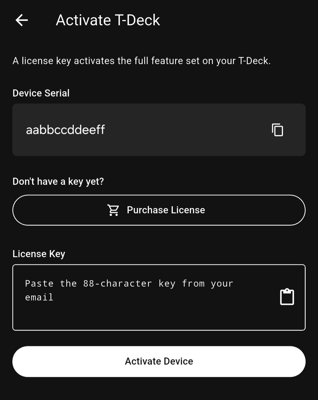 Activate T-Deck screen in the MeshOS app showing device serial, Purchase License button, License Key paste box, and Activate Device button