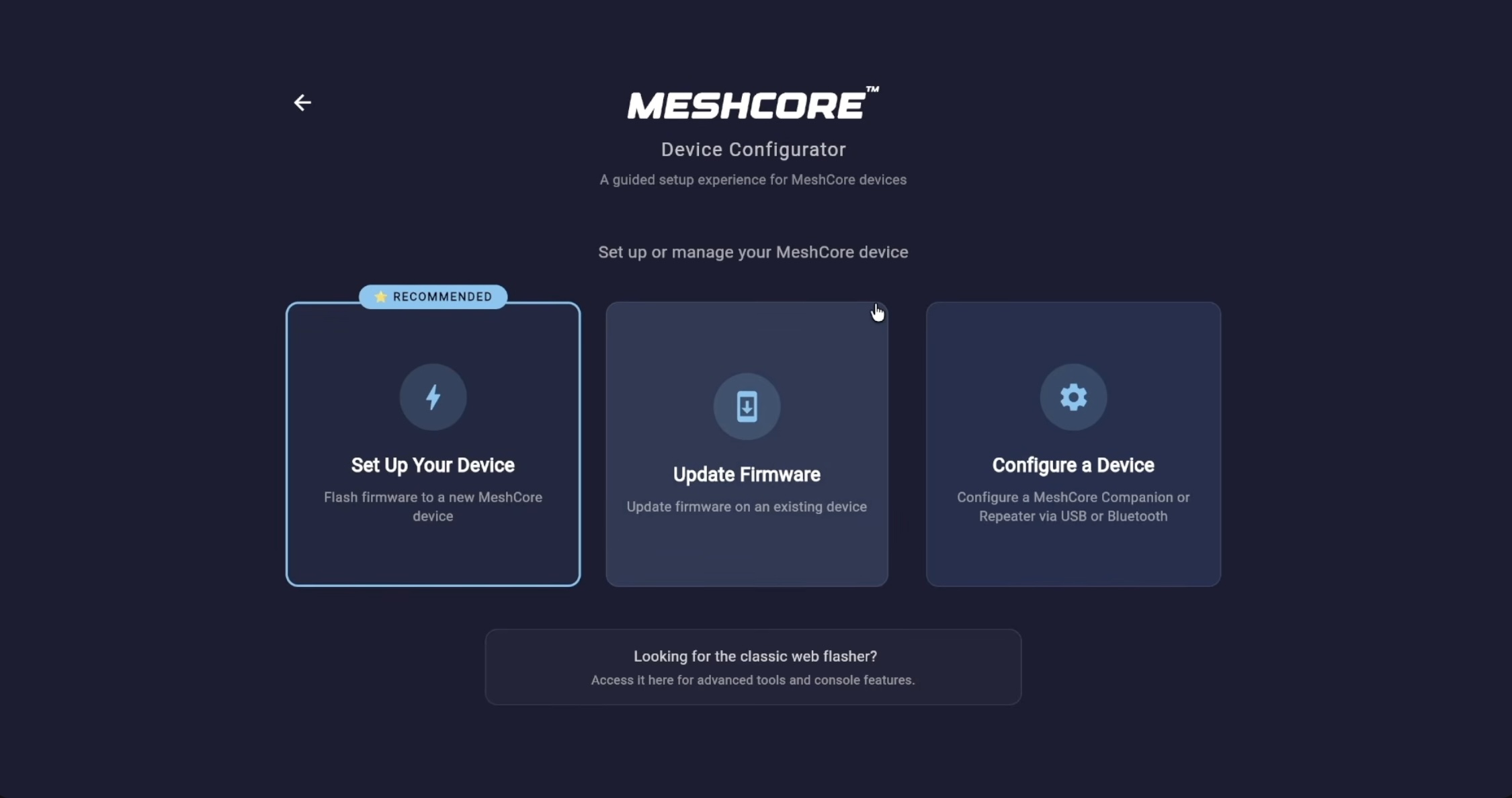 MeshCore Configurator home screen