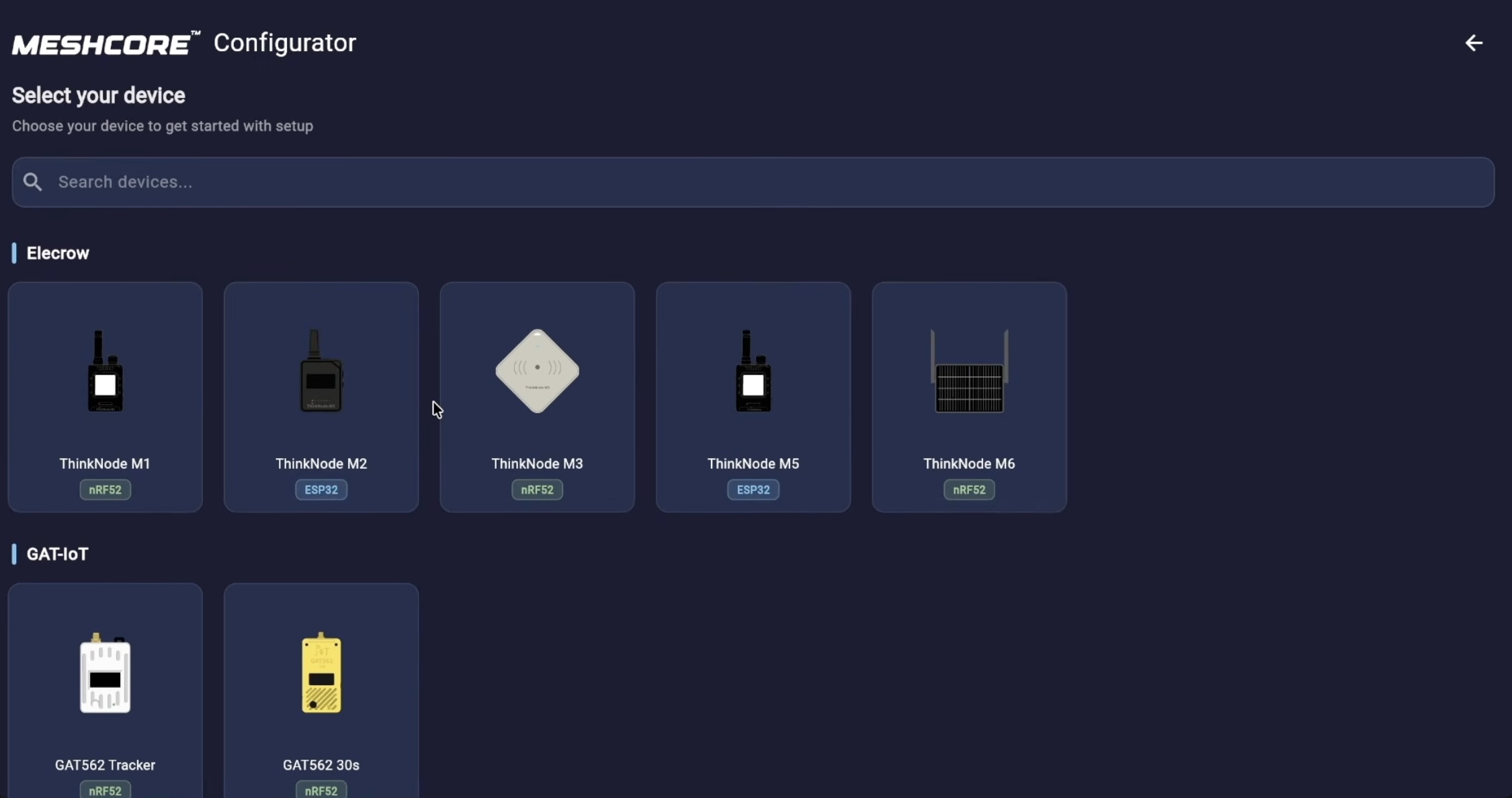 Selecting your device in the MeshCore Configurator