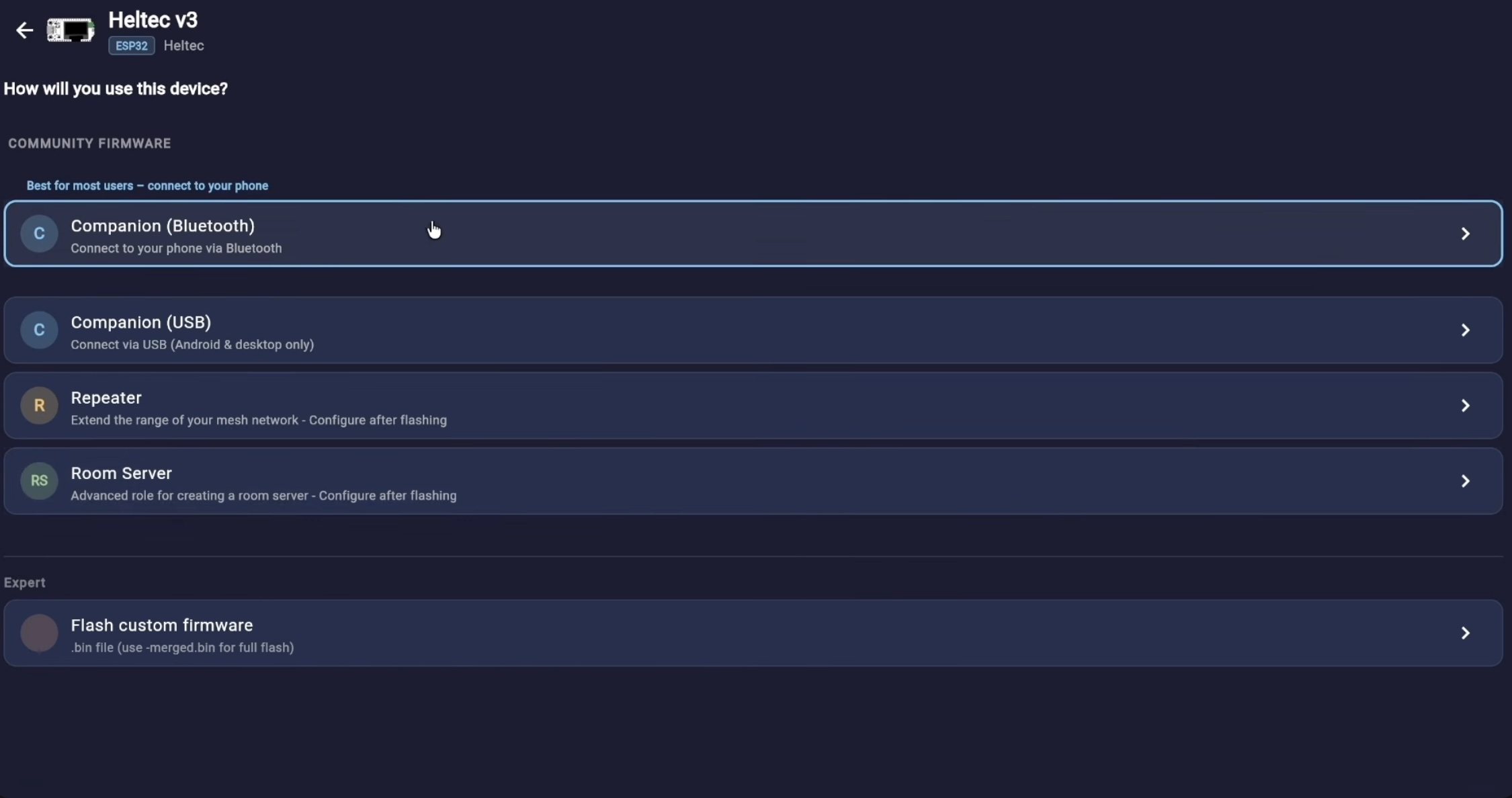 Choosing how to use MeshCore in the Configurator